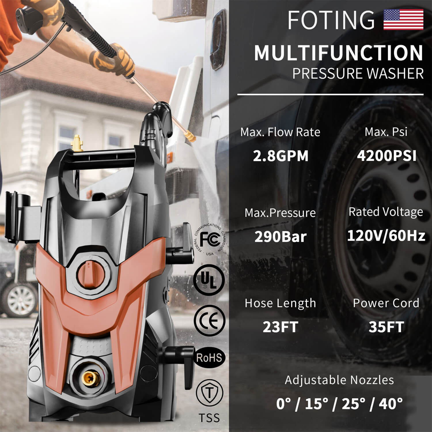 Electric Pressure Washer 4200 PSI 2.8 GPM Power Washer with 23ft Hose