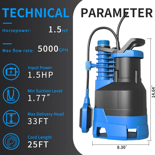 Foting 1.5HP 5000GPH Submersible Sump Pump Automatic Float Switch Transfer