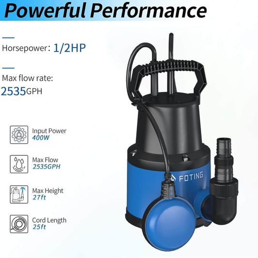 Foting 1/2HP 2535GPH Submersible Sump Pump Portable Clean/Dirty Water Pump