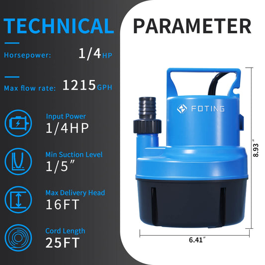 Foting 1/4HP 1215GPH Submersible Sump Pump Automatic Float Switch Transfer