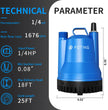 Foting 1/4HP 1676GPH Submersible Sump Pump Portable Clean/Dirty Water Pump