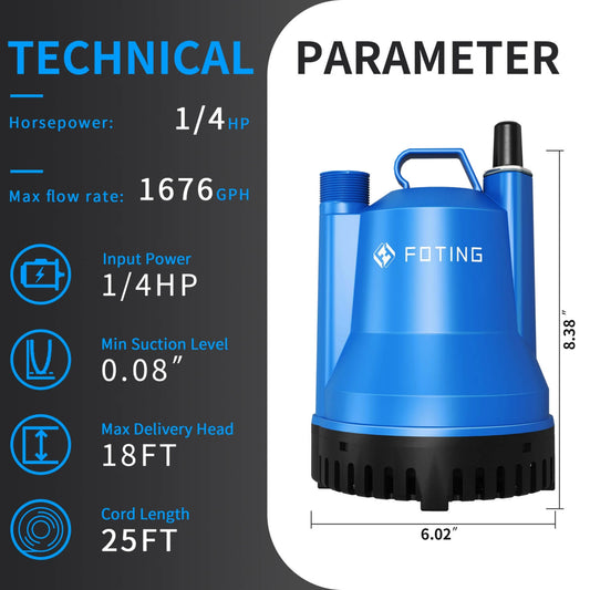 Foting 1/4HP 1676GPH Submersible Sump Pump Portable Clean/Dirty Water Pump
