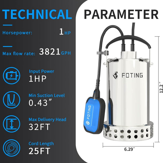 Foting 1HP 3821GPH Submersible Sump Pump Automatic Float Switch Transfer