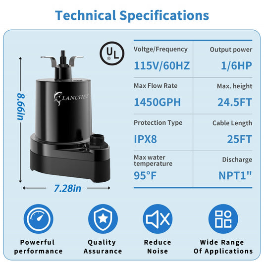 Lanchez Submersible Utility Pump 1/6 HP Electric Sump Water Pump Portable 1450 GPH