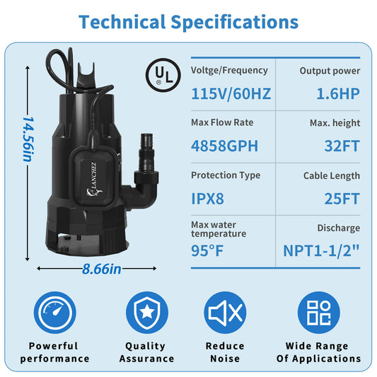 Lanchez Submersible Utility Pump 1.6 HP Electric Sump Water Pump Portable 4858GPH