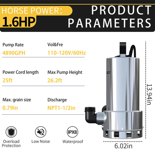 Lanchez Submersible Utility Pump 1.6 HP Electric Sump Water Pump Portable 5177 GPH 