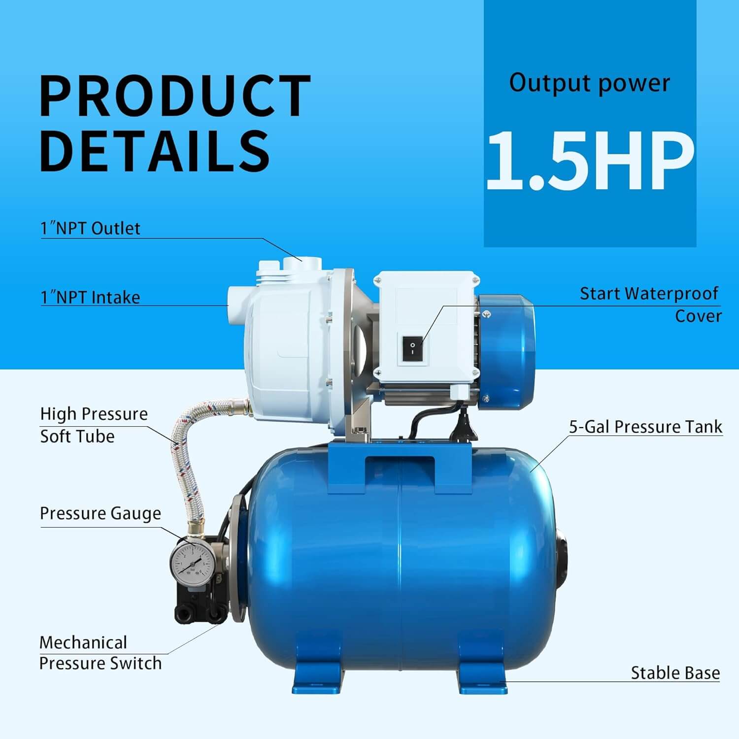 Submersible Shallow Well Pump 1.5HP with Pressure Tank for House 1340GPH