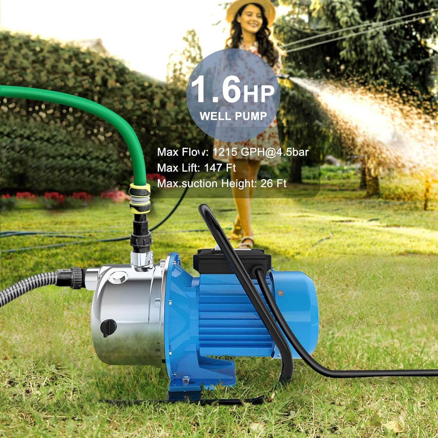 Submersible Shallow Well Pump 1.6HP with Pressure Tank for House 1215GPH 