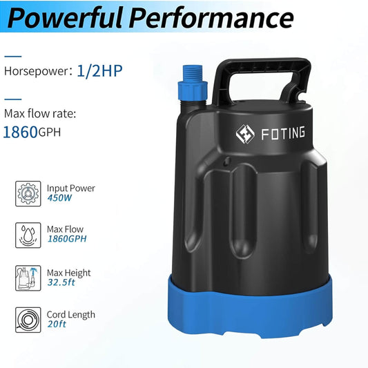 Submersible Sump Pump 1/2HP Electric Utility Water Pump Portable 1860GPH