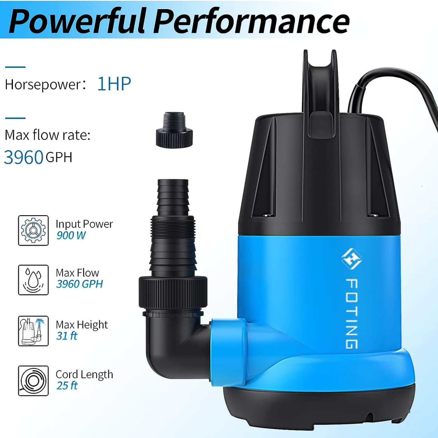 Submersible Sump Pump 1HP Drainage Pump Portable for Basement Pond 3960GPH