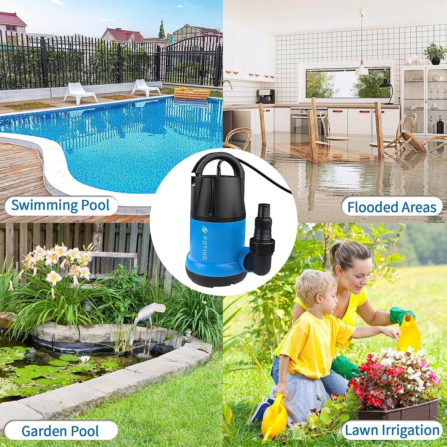 Submersible Sump Pump 1HP Drainage Pump Portable for Basement Pond 3960GPH