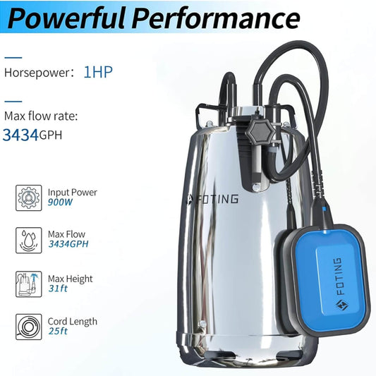 Submersible Sump Pump 1HP Electric Utility Water Pump Portable 3434GPH